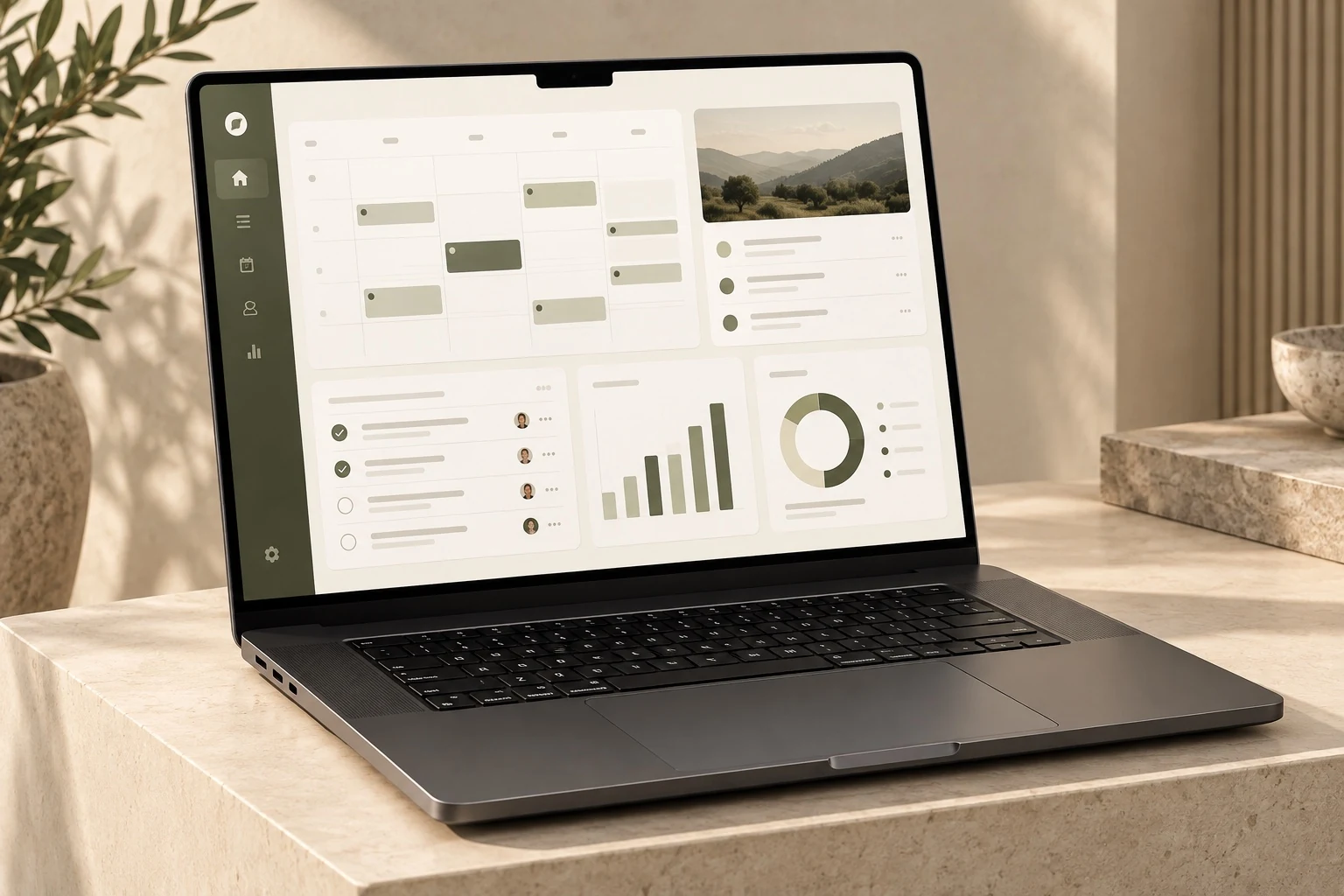 Detailed concept visualisation of a Space Black 16-inch MacBook Pro displaying a calm unifiedAI workspace