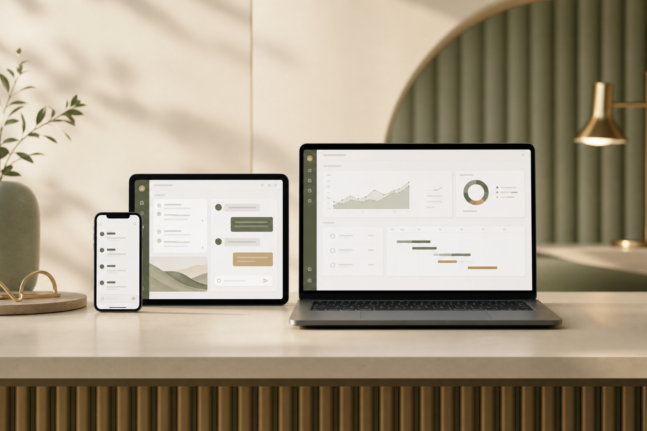 Unified AI professional workspace shown across a phone, tablet and laptop