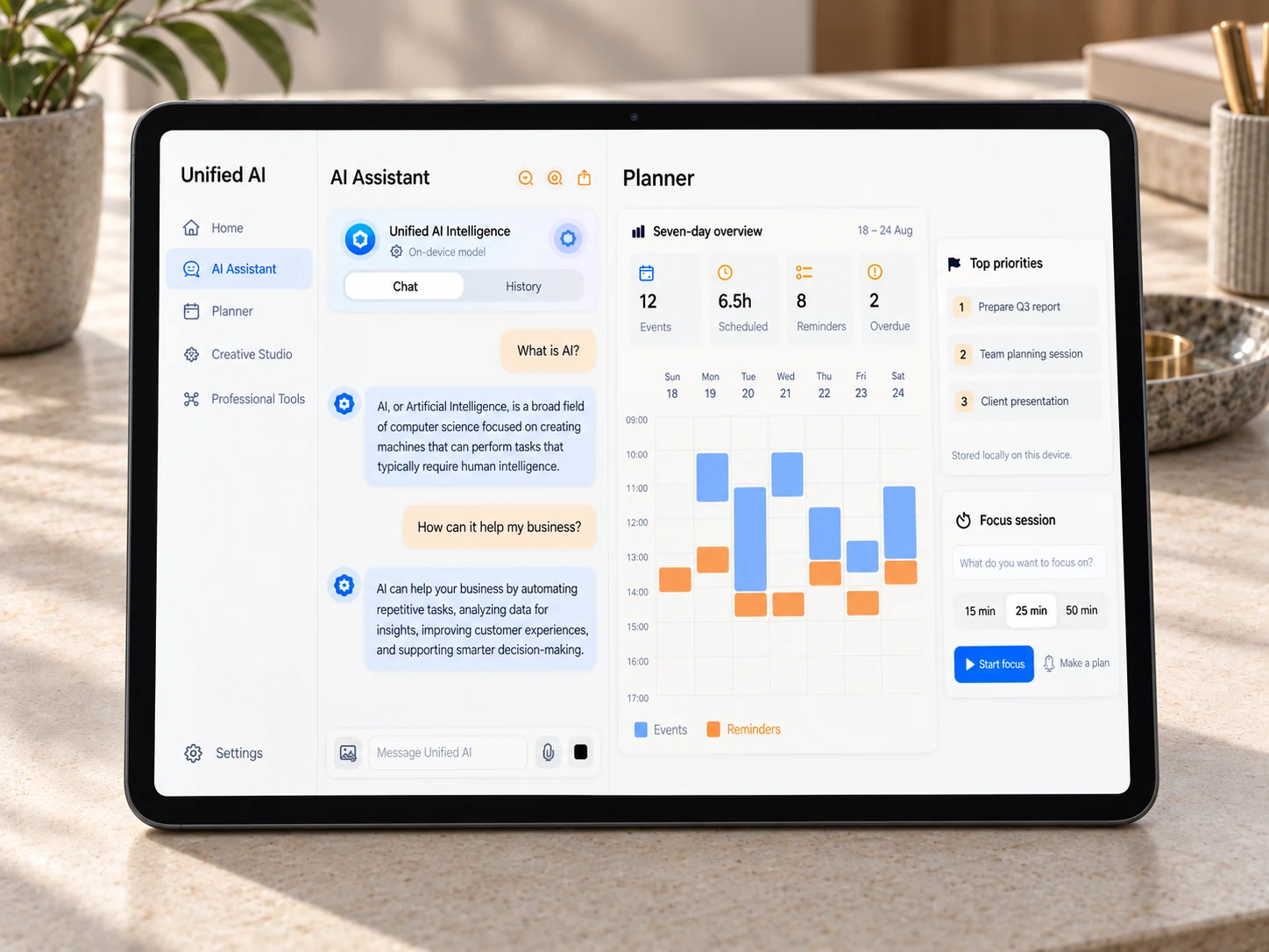 Concept visualisation of a Space Black 13-inch iPad Pro with M4 showing the unifiedAI Assistant and Planner workspace